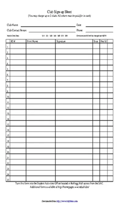 Club Sign Up Sheet Template