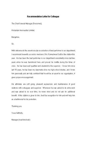 Colleague Recommendation Letter Template