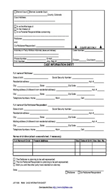 Colorado Divorce Case Information Sheet