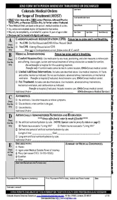 Colorado Medical Orders For Scope Of Treatment Most Form