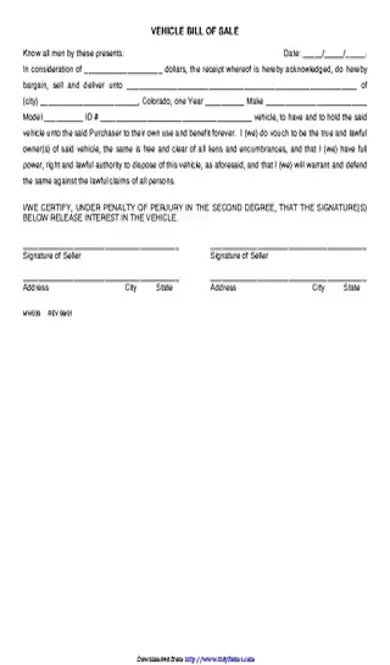 Colorado Vehicle Bill Of Sale Form 2