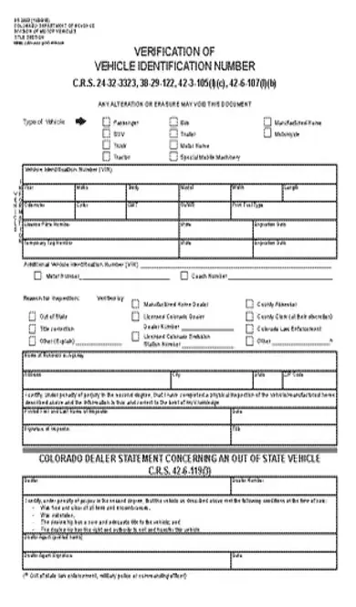 Colorado Verification Of Vehicle Identification Number Dr 2698