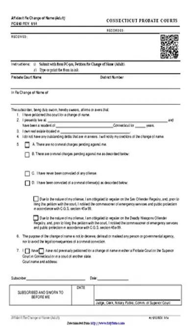 Connecticut Affidavit Re Change Of Name Adult Form