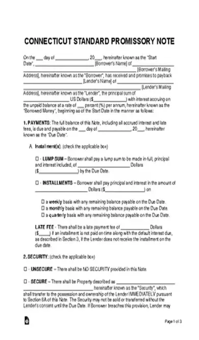 Connecticut Standard Promissory Note Template