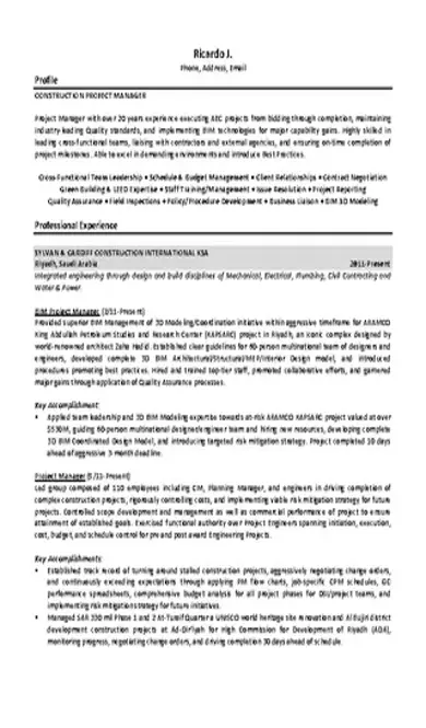 Construction Project Manager Resume Free Pdf