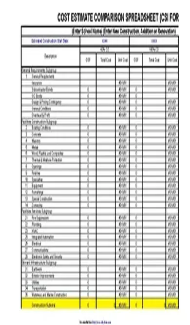 Cost Comparison Spreadsheet Template