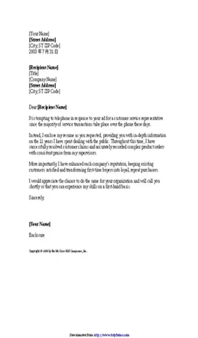 Cover Letter Template For Customer Service Representative