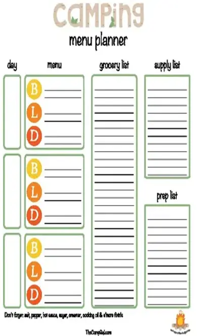 Daily Camping Menu Planner Template