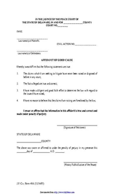 Delaware Affidavit Of Good Cause Form