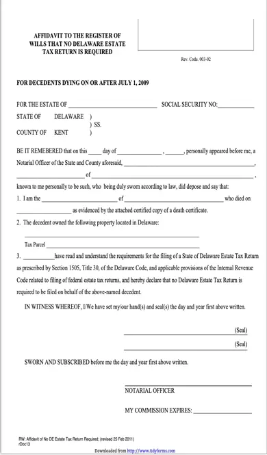 Delaware Affidavit To The Register Of Wills That No Estate Tax Return Is Required Form