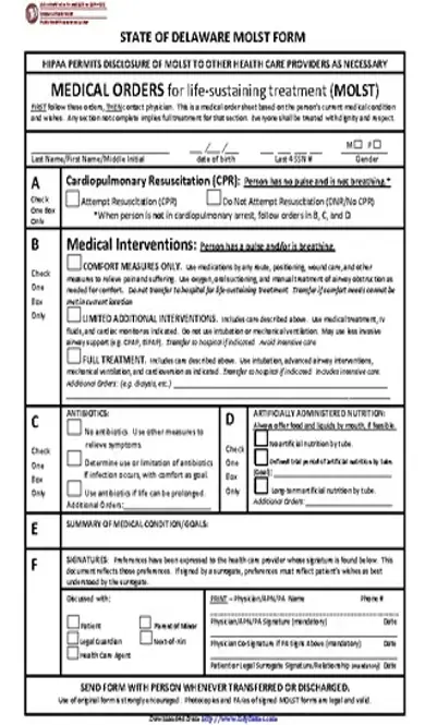 Delaware Medical Orders For Life Sustaining Treatment Molst Form