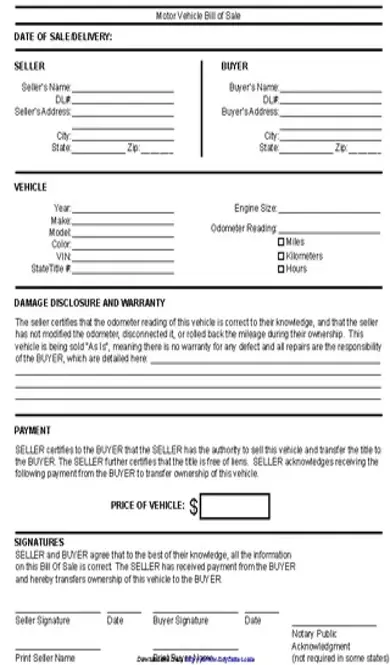 Delaware Motor Vehicle Bill Of Sale Form