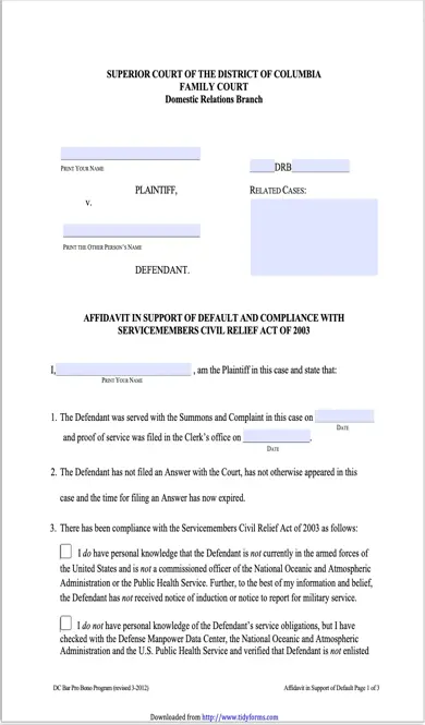 District Of Columbia Affidavit In Support Of Default And Compliance With Servicemembers Civil Relief Act Of 2003 Form