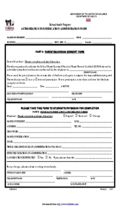 District Of Columbia Medication And Treatment Authorization Form