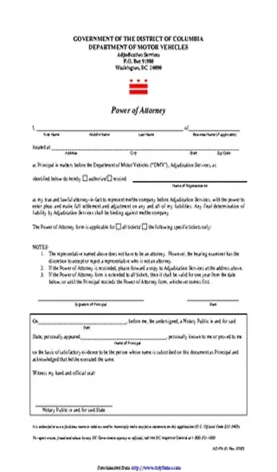 District Of Columbia Motor Vehicle Power Of Attorney Form