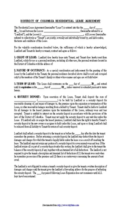 District Of Columbia Residential Lease Agreement Form