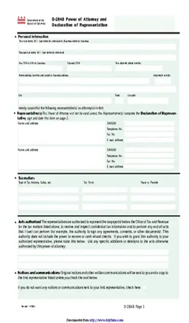 District Of Columbia Tax Power Of Attorney Form 1