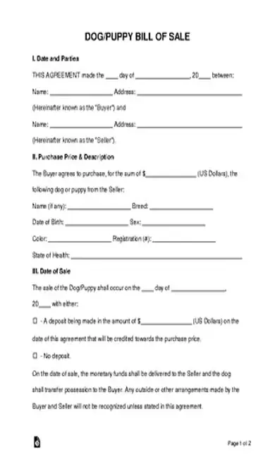 Dog Puppy Bill Of Sale Form