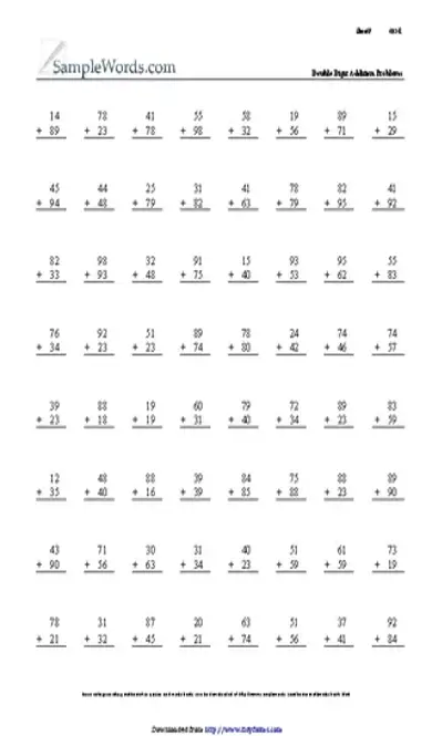 Double Digit Addition Math Worksheet Sample