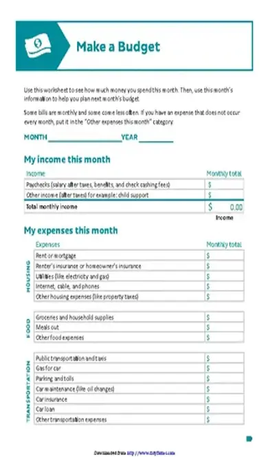 Downloadable Budget Worksheet