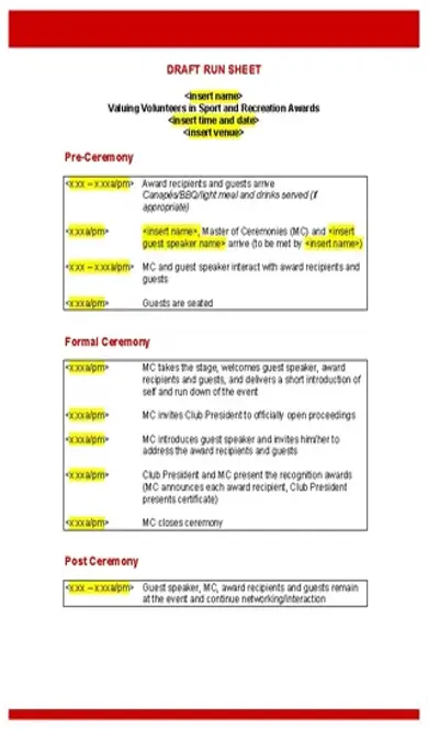 Draft Run Sheet Template