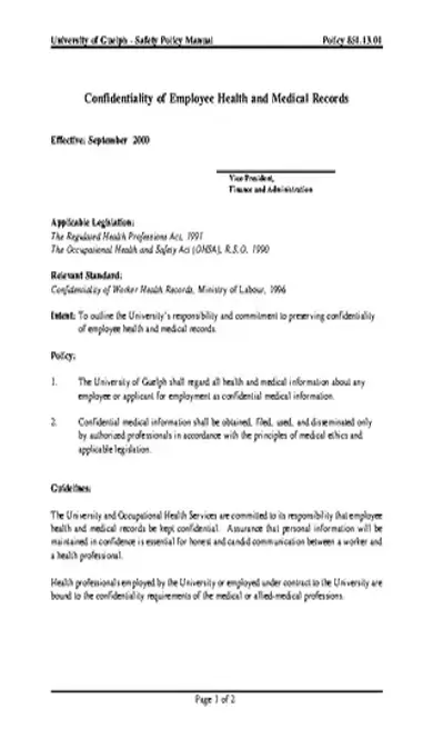 Employee Health Medical Confidentiality Agreement Example