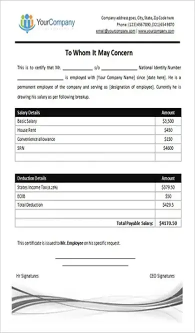 Employee Salary Certificate Template Ms Word