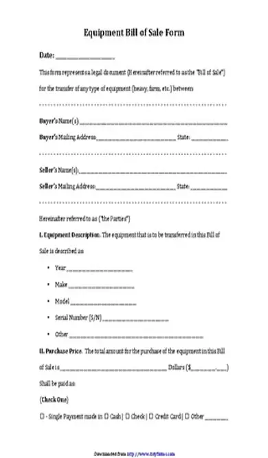 Equipment Bill Of Sale Form