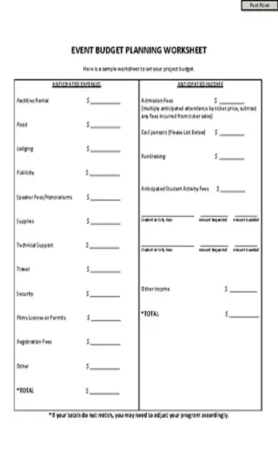 Event Planning Worksheet Template