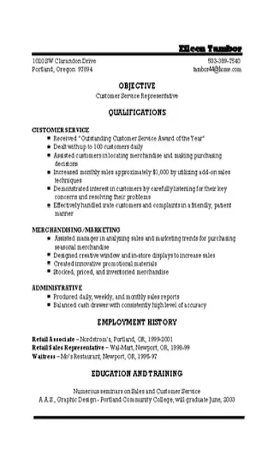 Example Of Customer Service Resume