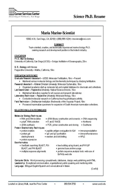 Example Of The Science Resume