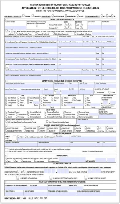 Florida Application For Certification Oftitle With Without Registration Form Hsmv 82040