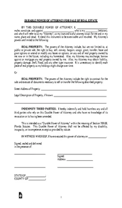 Florida Durable Real Estate Only Power Of Attorney Form