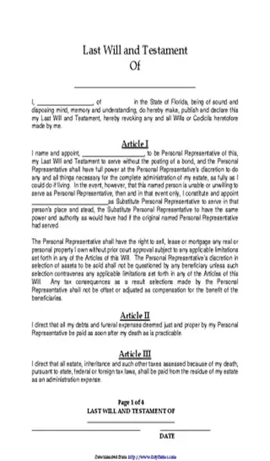 Florida Last Will And Testament Form