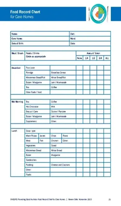 Food Record Chart For Care Homes