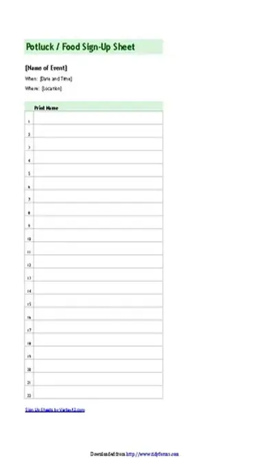 Food Sign Up Sheet Template