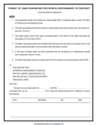 Format Of Bank Guarantee For Faithful Performance Of Contract