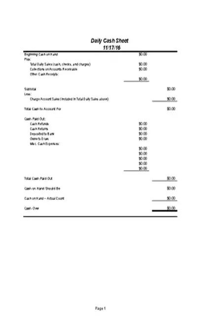 Free Daily Work Cash Sheet Template Download