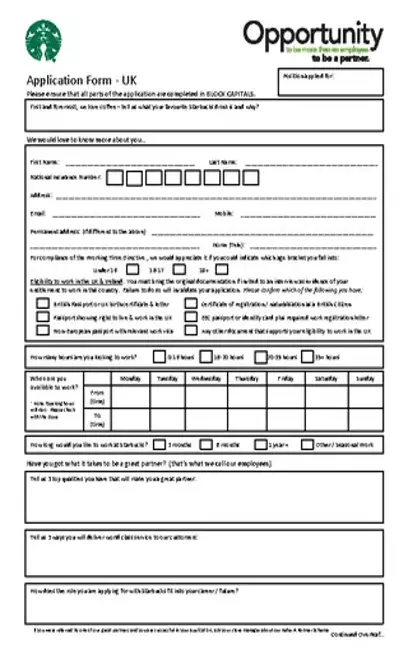 Free Sample Starbucks Restaurant Employment Application Download