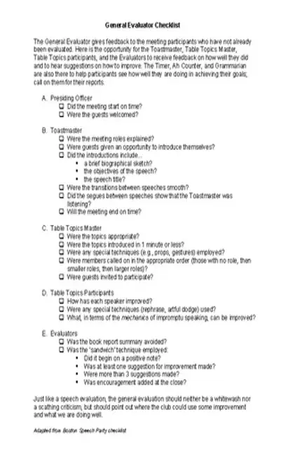 General Toasmasters Evaluator Checklist Template Word Doc Download