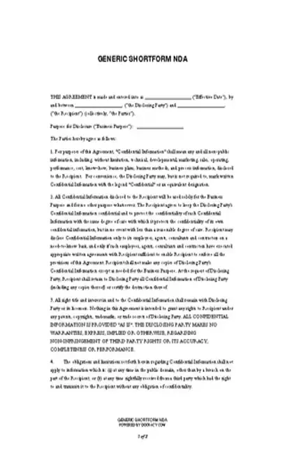 Generic Simple Non Disclosure Agreement Pdf Forms