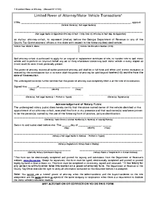 Georgia Limited Power Of Attorney Motor Vehicle Transactions Form