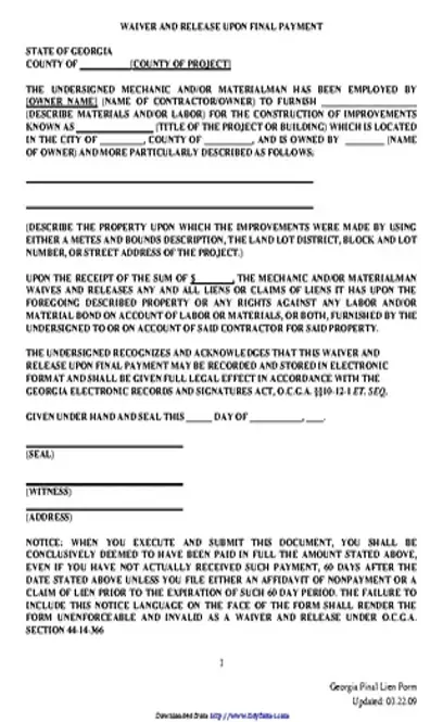 Georgia Waiver And Release Upon Final Payment