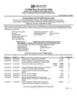 Group Reservation Confirmation Letter