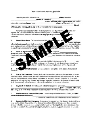 Hair Saloon Booth Rental Agreement Sample