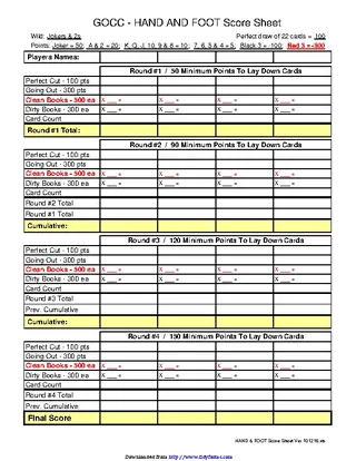 Hand And Foot Score Sheet 2