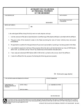 Hawaii Affidavit For Collection Of Personal Property Of The Decedent Form