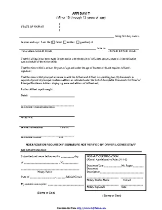 Hawaii Affidavit For Parental Consent Form