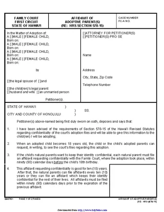 Hawaii Affidavit Of Adoptive Parents Form