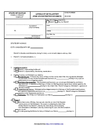 Hawaii Affidavit Of Plaintiff For Uncontested Divorce Form